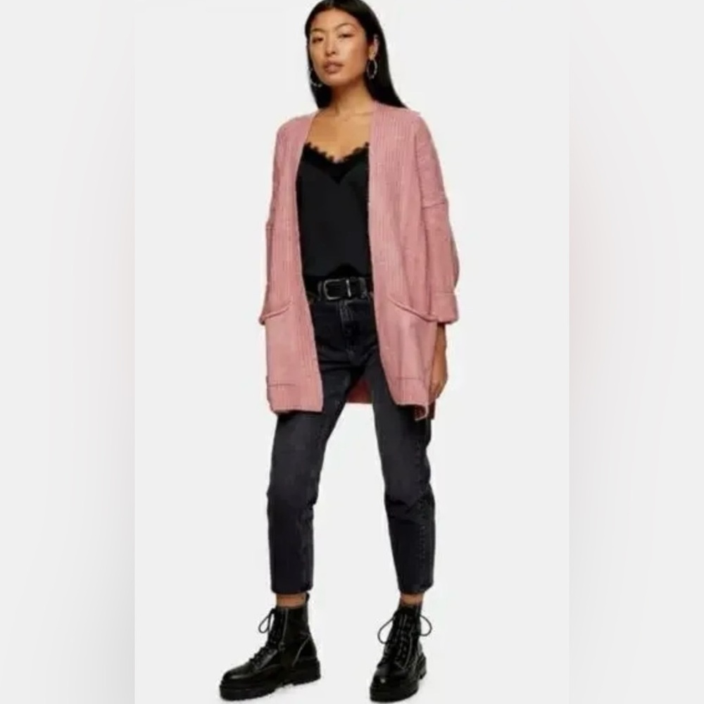 TOPSHOP Oversized Ribbed Knit Open Front Cardigan Sweater in Rose Pink Size 4-6